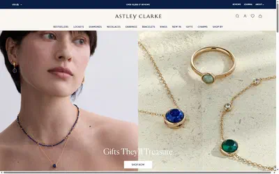 Astley Clarke homepage on desktop, Shopify luxury jewelry storefront captured at 1440 x 900