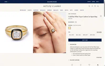 Astley Clarke product page on desktop, Shopify luxury jewelry storefront captured at 1440 x 900
