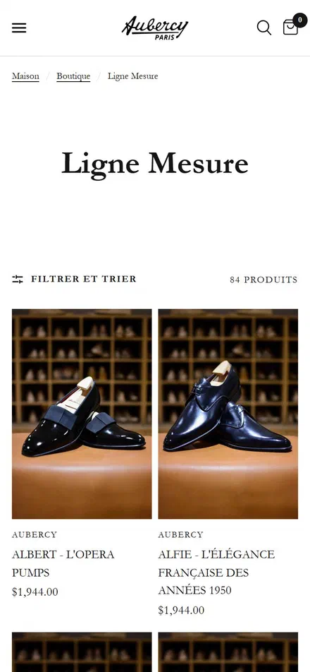 Aubercy collection: ligne mesure on mobile, Shopify luxury footwear storefront captured at 390 x 844