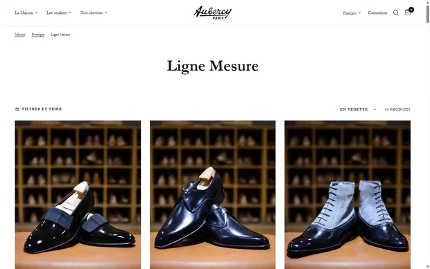Aubercy collection: ligne mesure on desktop, Shopify luxury footwear storefront captured at 1440 x 900
