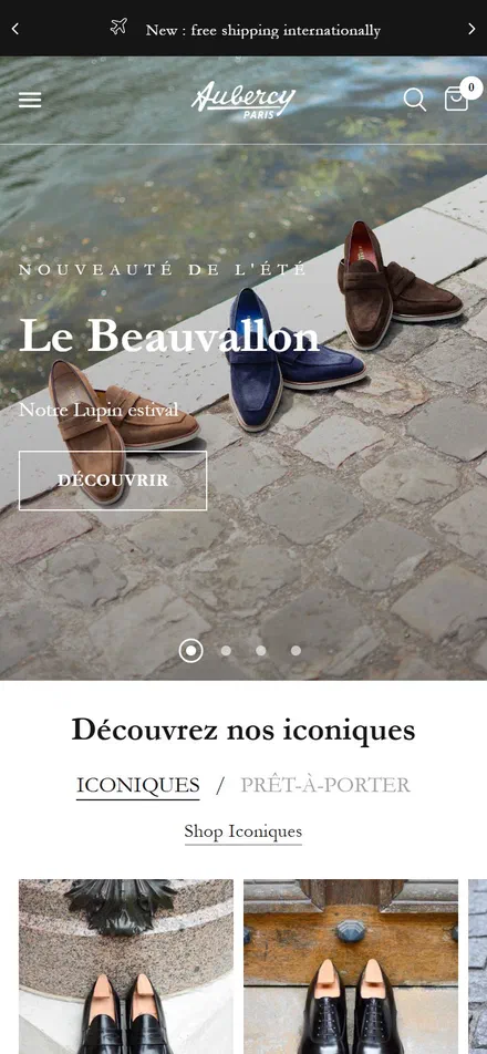 Aubercy homepage on mobile, Shopify luxury footwear storefront captured at 390 x 844