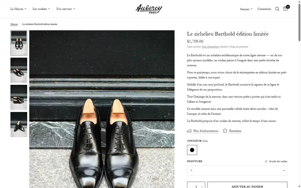 Aubercy product page on desktop, Shopify luxury footwear storefront captured at 1440 x 900