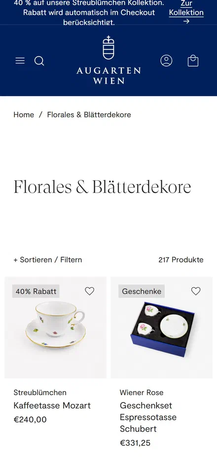 Augarten collection: florales & blätterdekore on mobile, Shopify luxury home and design storefront captured at 390 x 844