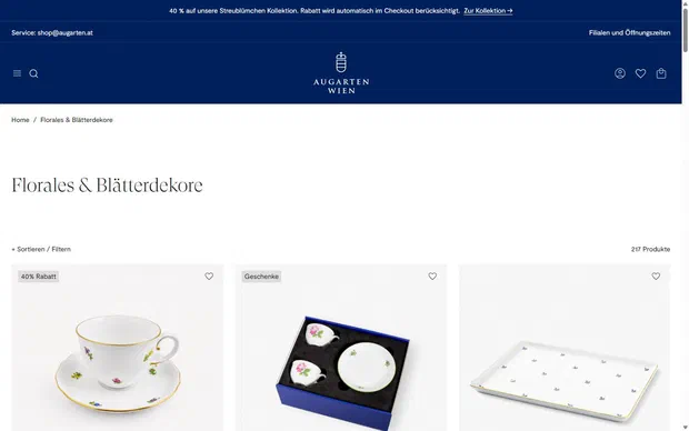 Augarten collection: florales & blätterdekore on desktop, Shopify luxury home and design storefront captured at 1440 x 900