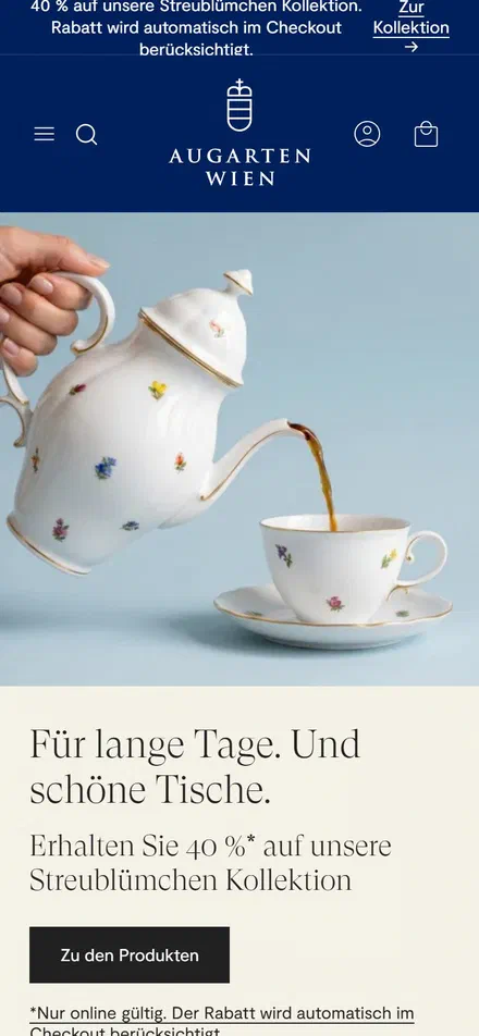 Augarten homepage on mobile, Shopify luxury home and design storefront captured at 390 x 844