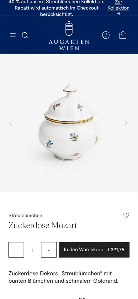 Augarten product page on mobile, Shopify luxury home and design storefront captured at 390 x 844