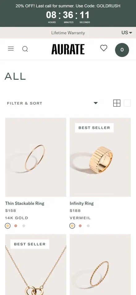 Aurate collection: all on mobile, Shopify luxury jewelry storefront captured at 390 x 844