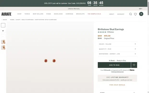 Aurate product page on desktop, Shopify luxury jewelry storefront captured at 1440 x 900