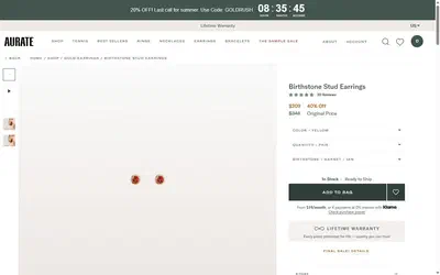Aurate product page on desktop, Shopify luxury jewelry storefront captured at 1440 x 900