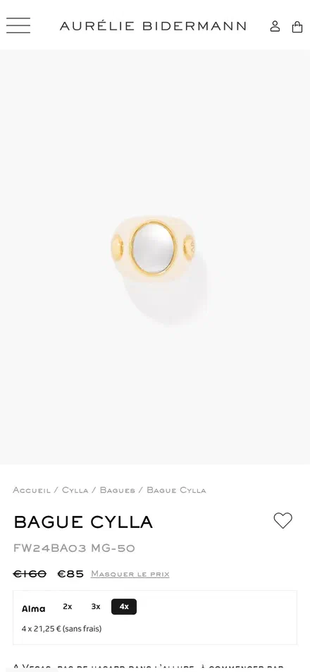 Aurelie Bidermann product page on mobile, Shopify luxury jewelry storefront captured at 390 x 844