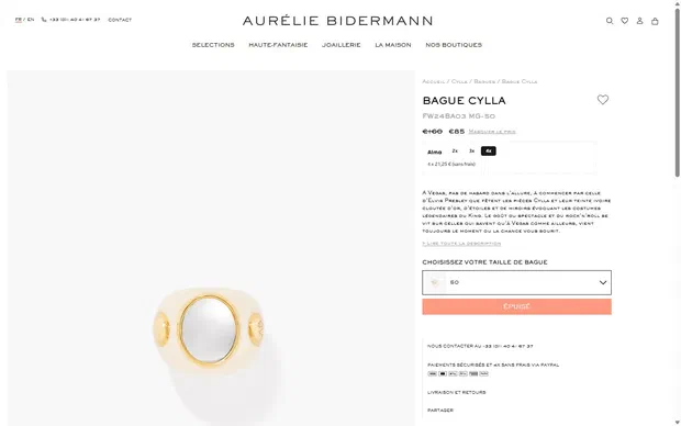 Aurelie Bidermann product page on desktop, Shopify luxury jewelry storefront captured at 1440 x 900