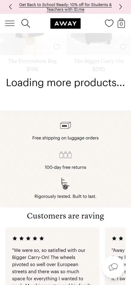 Away collection: all product (internal only) on mobile, Shopify luxury luggage storefront captured at 390 x 844