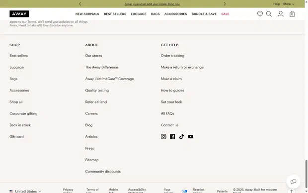 Away collection: all product (internal only) on desktop, Shopify luxury luggage storefront captured at 1440 x 900