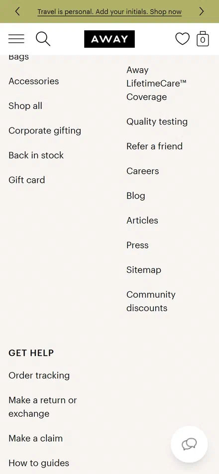 Away homepage on mobile, Shopify luxury luggage storefront captured at 390 x 844