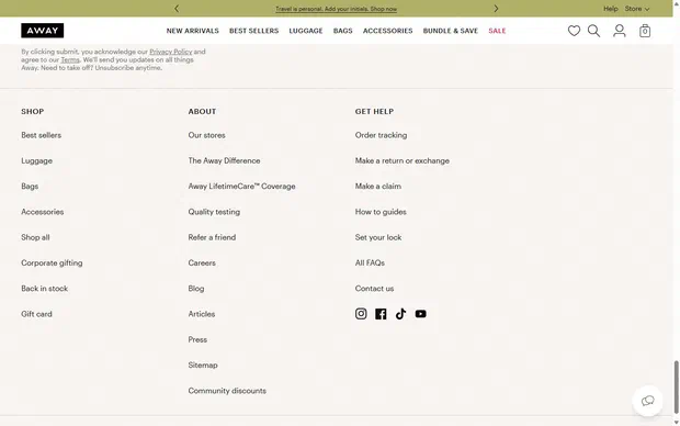 Away homepage on desktop, Shopify luxury luggage storefront captured at 1440 x 900