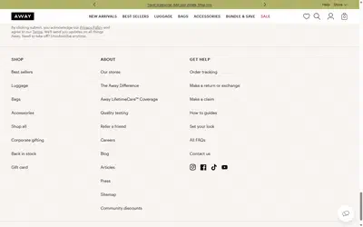 Away homepage on desktop, Shopify luxury luggage storefront captured at 1440 x 900