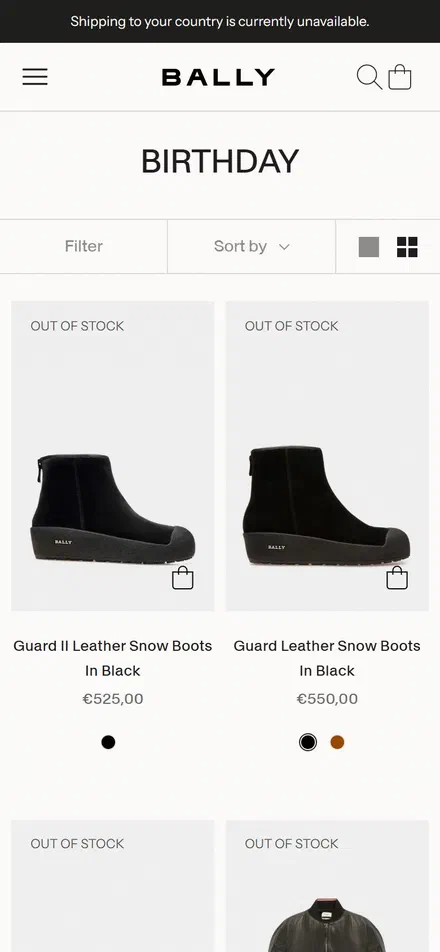 Bally collection: birthday on mobile, not disclosed luxury fashion storefront captured at 390 x 844