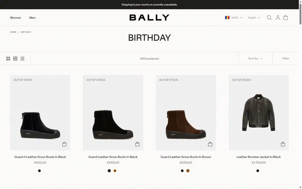 Bally collection: birthday on desktop, not disclosed luxury fashion storefront captured at 1440 x 900