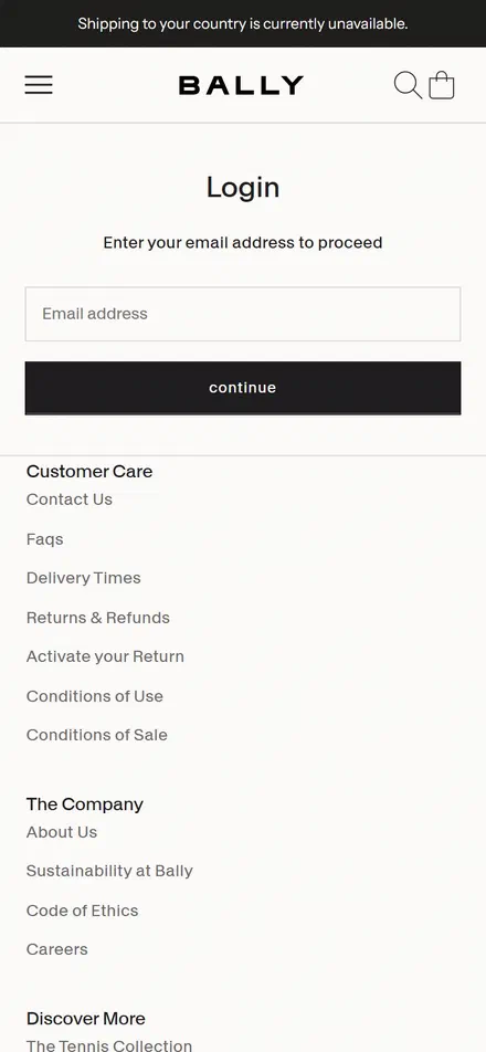 Bally product page on mobile, not disclosed luxury fashion storefront captured at 390 x 844