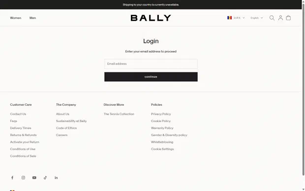 Bally product page on desktop, not disclosed luxury fashion storefront captured at 1440 x 900