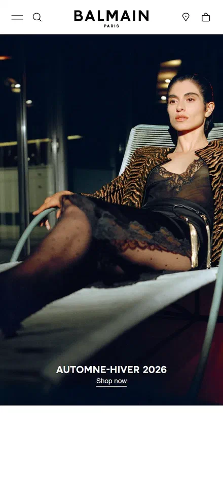 Balmain collection: collection on mobile, Shopify luxury fashion storefront captured at 390 x 844