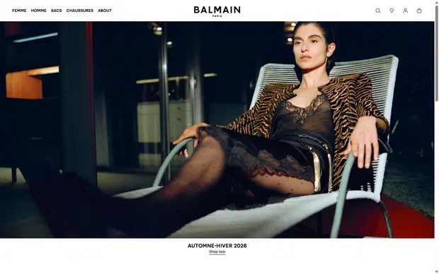 Balmain homepage on desktop, Shopify luxury fashion storefront captured at 1440 x 900