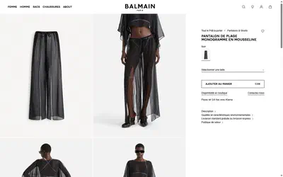 Balmain product page on desktop, Shopify luxury fashion storefront captured at 1440 x 900