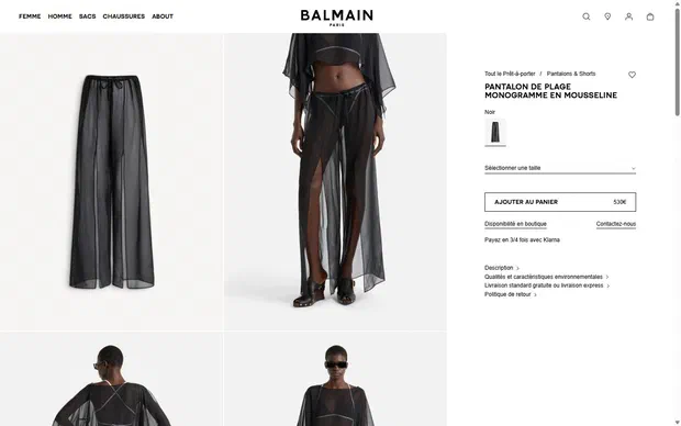 Balmain product page on desktop, Shopify luxury fashion storefront captured at 1440 x 900