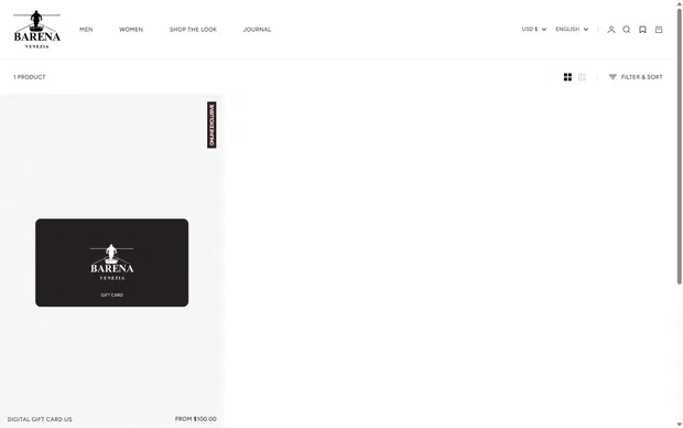 Barena Venezia collection: gift ideas for him on desktop, Shopify luxury fashion storefront captured at 1440 x 900