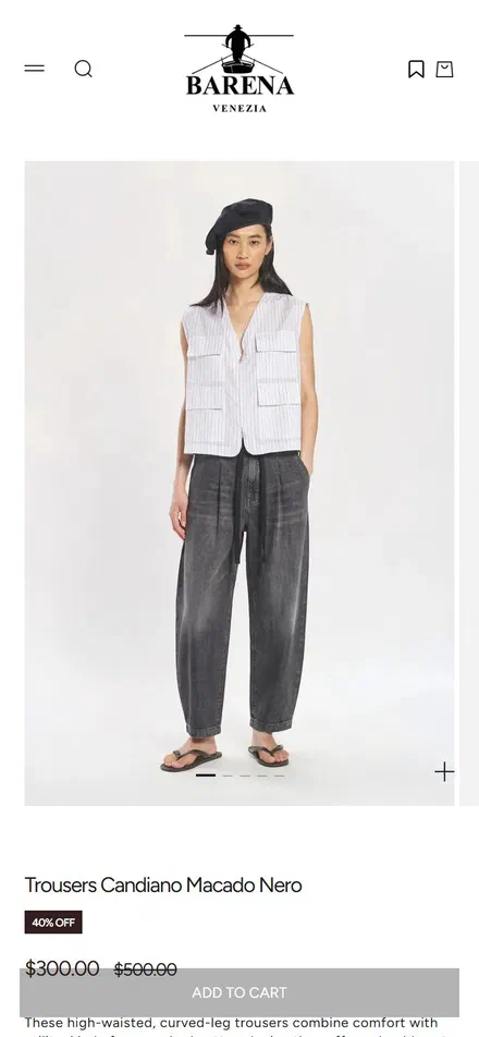Barena Venezia product page on mobile, Shopify luxury fashion storefront captured at 390 x 844