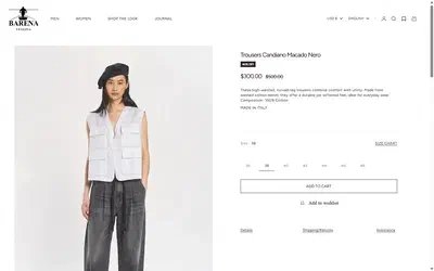 Barena Venezia product page on desktop, Shopify luxury fashion storefront captured at 1440 x 900