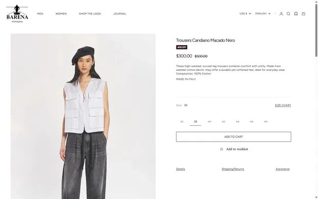 Barena Venezia product page on desktop, Shopify luxury fashion storefront captured at 1440 x 900