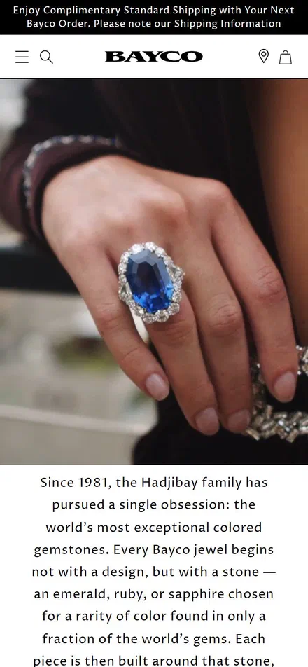 Bayco homepage on mobile, Shopify luxury jewelry storefront captured at 390 x 844
