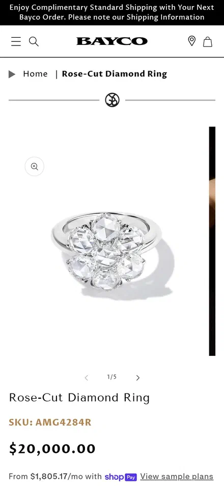 Bayco product page on mobile, Shopify luxury jewelry storefront captured at 390 x 844