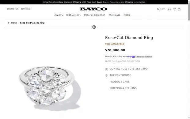 Bayco product page on desktop, Shopify luxury jewelry storefront captured at 1440 x 900