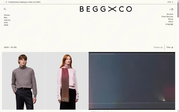 Begg x Co collection: aw25 on desktop, Shopify luxury fashion storefront captured at 1440 x 900