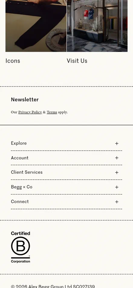Begg x Co homepage on mobile, Shopify luxury fashion storefront captured at 390 x 844