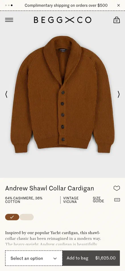 Begg x Co product page on mobile, Shopify luxury fashion storefront captured at 390 x 844