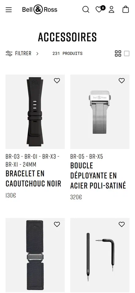 Bell & Ross collection: accessoires on mobile, not disclosed luxury watches storefront captured at 390 x 844