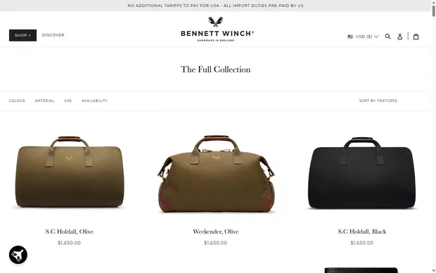Bennett Winch collection: the full collection on desktop, Shopify luxury leather goods storefront captured at 1440 x 900