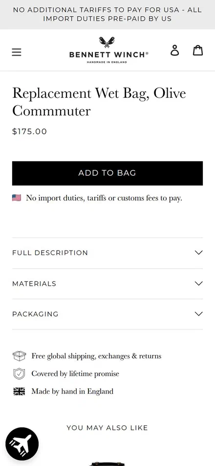 Bennett Winch product page on mobile, Shopify luxury leather goods storefront captured at 390 x 844