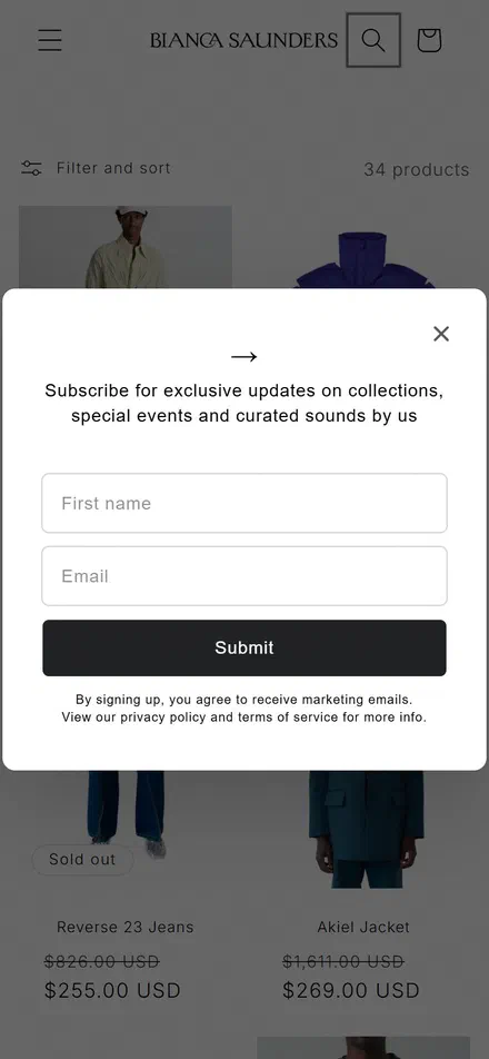 Bianca Saunders collection: sale on mobile, Shopify luxury fashion storefront captured at 390 x 844