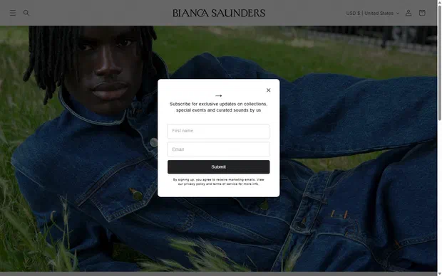 Bianca Saunders homepage on desktop, Shopify luxury fashion storefront captured at 1440 x 900