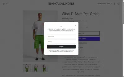 Bianca Saunders product page on desktop, Shopify luxury fashion storefront captured at 1440 x 900