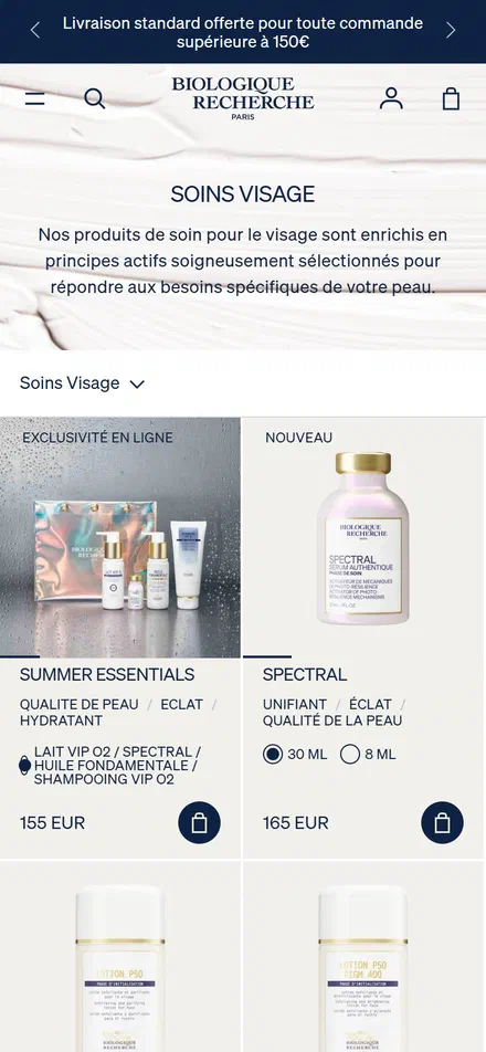 Biologique Recherche collection: soins visage on mobile, Shopify luxury beauty storefront captured at 390 x 844