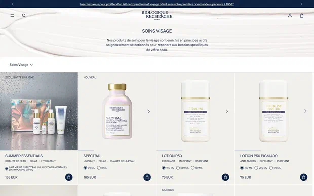 Biologique Recherche collection: soins visage on desktop, Shopify luxury beauty storefront captured at 1440 x 900