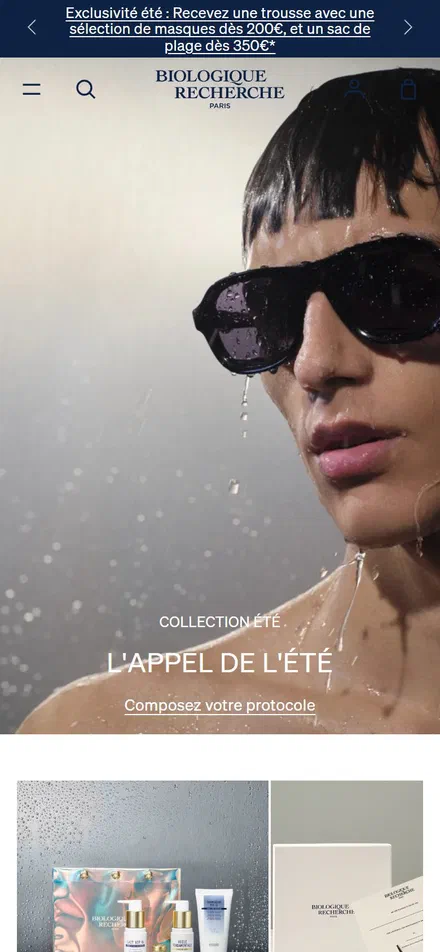 Biologique Recherche homepage on mobile, Shopify luxury beauty storefront captured at 390 x 844