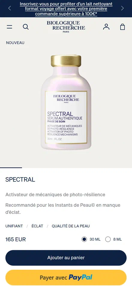 Biologique Recherche product page on mobile, Shopify luxury beauty storefront captured at 390 x 844