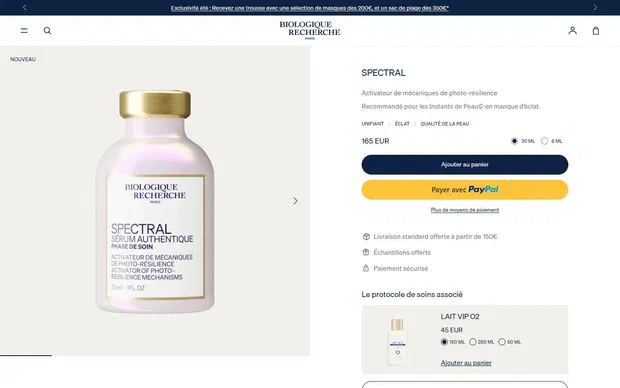 Biologique Recherche product page on desktop, Shopify luxury beauty storefront captured at 1440 x 900