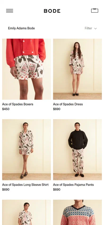 Bode collection: emily adams bode on mobile, not disclosed luxury fashion storefront captured at 390 x 844